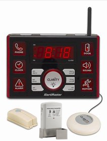 The Clarity Alertmaster AL10K’s 3.5” clock display and large, backlit buttons are ideal for those with vision difficulties. The alarm icons are visible from a distance, and at all angles. Clarity Alertmaster AL10K with Door Button, Door Knocker and Bedshaker
