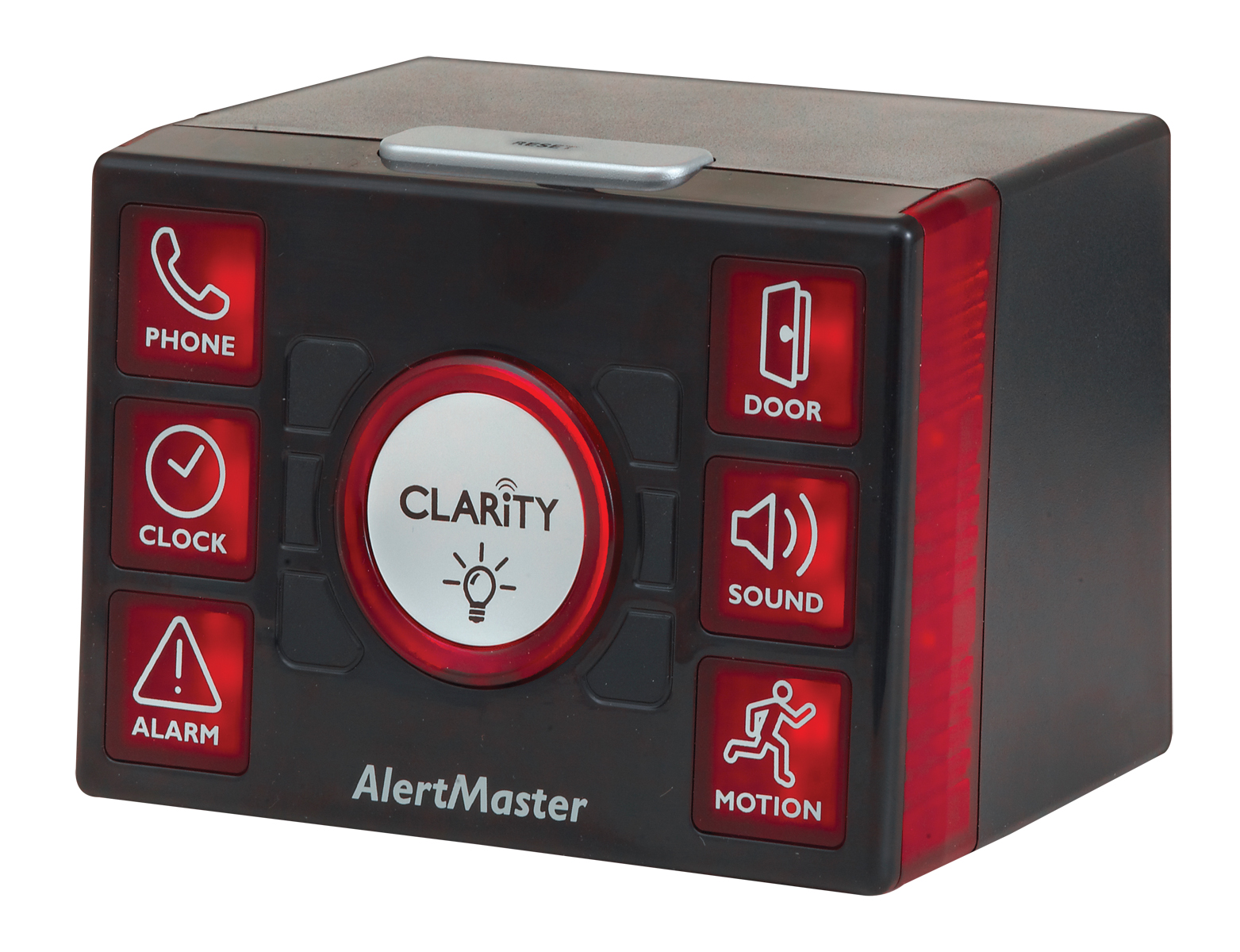 Les grands boutons rétroéclairés du récepteur Alertmaster AL12 de Clarity sont parfaits pour les personnes ayant des problèmes de vision. Les icônes d'alarme sont visibles à distance et sous tous les angles. Recepteur Clarity Alertmaster AL12